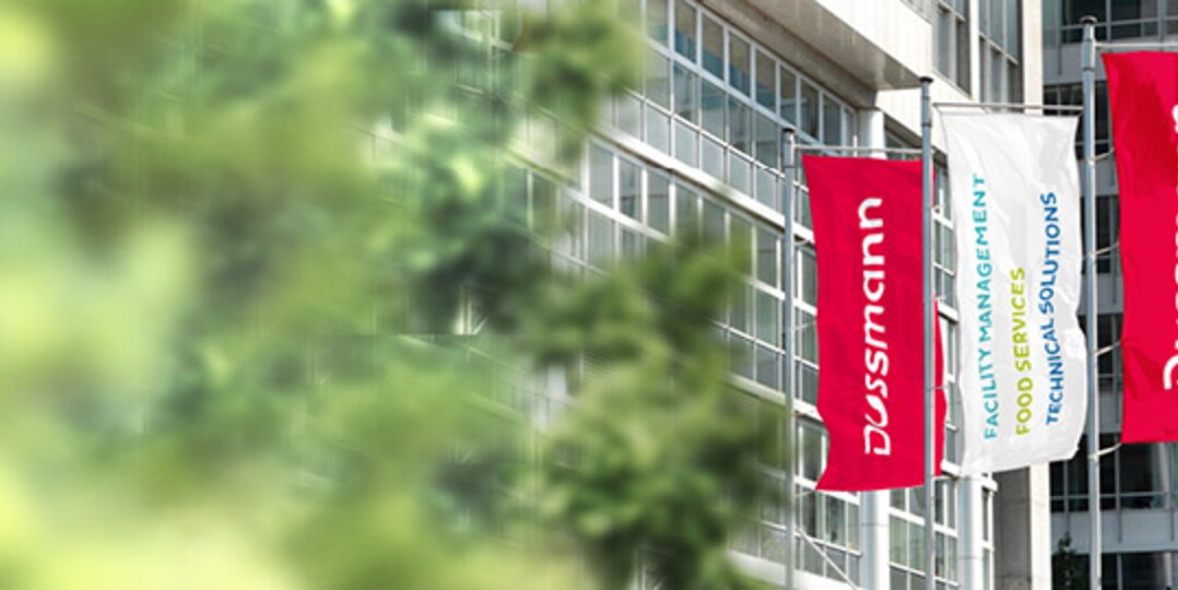 Three flags with Dussmann logo 